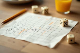 Tableau de score Yam imprimé posé sur une table en bois avec des dés en ivoire et un crayon