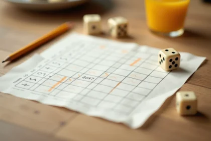 Tableau de score Yam imprimé posé sur une table en bois avec des dés en ivoire et un crayon