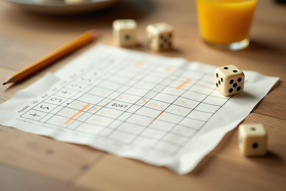 Tableau de score Yam imprimé posé sur une table en bois avec des dés en ivoire et un crayon