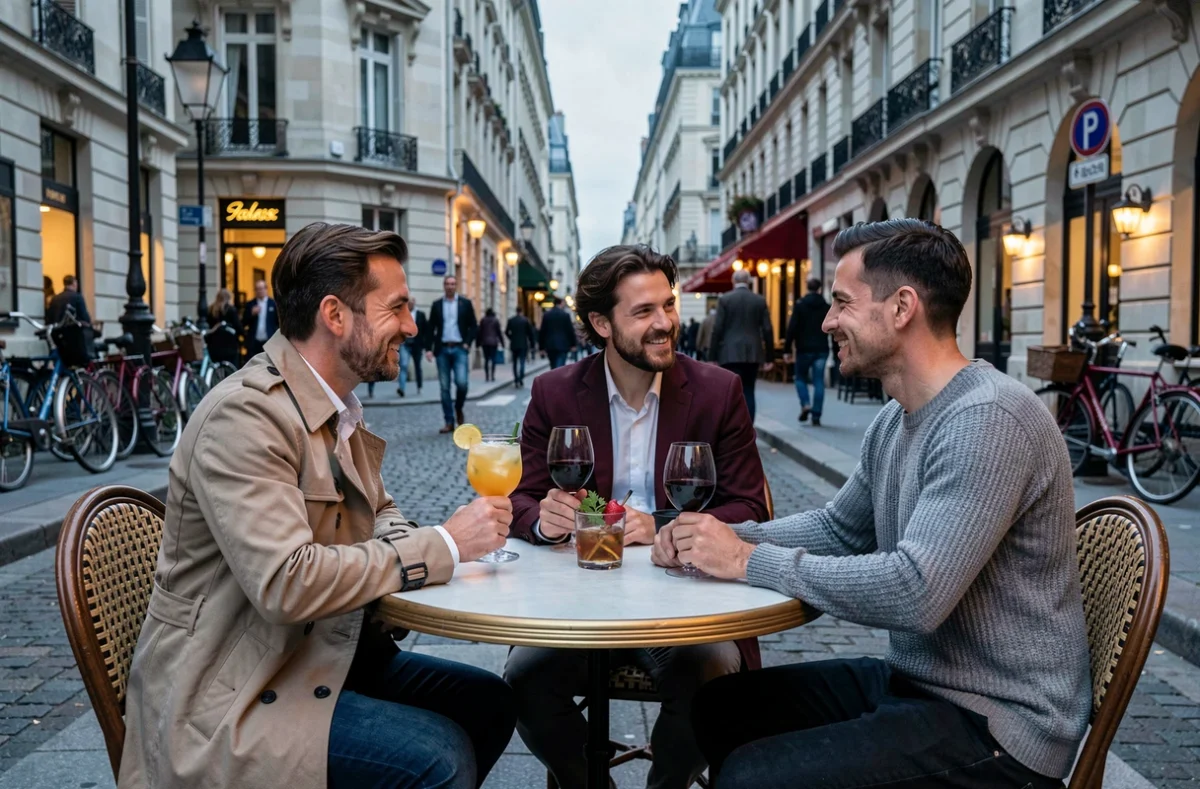 Groupe d'amis en terrasse d'un bar sympa près de Châtelet au crépuscule avec des verres à la main