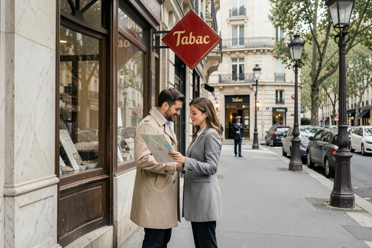Couple de touristes devant une civette parisienne avec enseigne Tabac rouge, grand hôtel cinq étoiles visible en arrière-plan sur un boulevard parisien