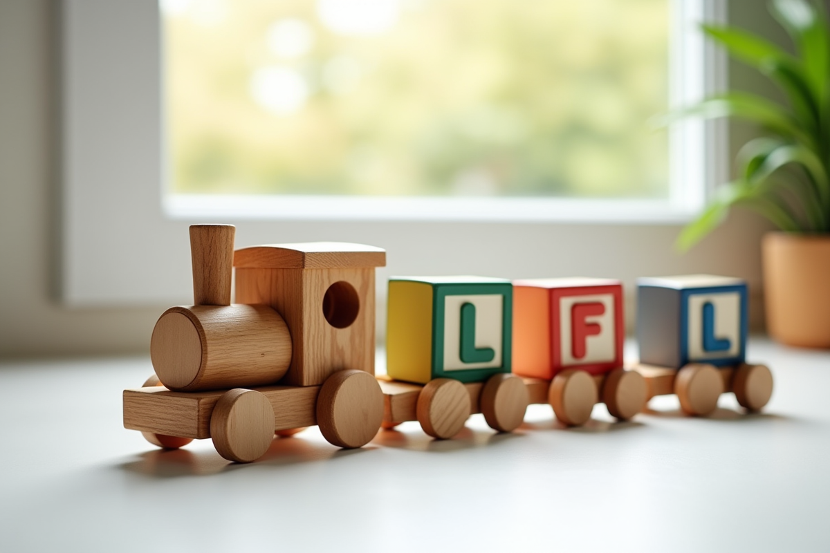 Train en bois avec blocs de lettres colorés sur une table