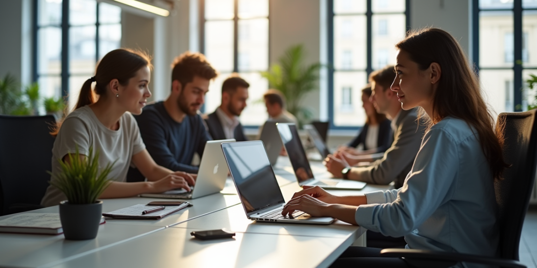 Groupe de travailleurs parisiens collaborant au bureau