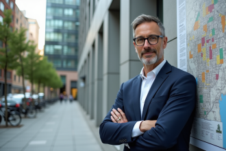 Urbaniste en costume devant une carte de zonage urbaine