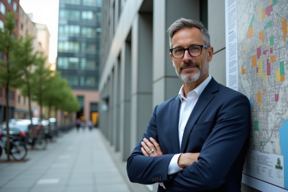 Urbaniste en costume devant une carte de zonage urbaine