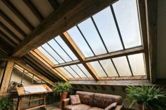 Verrière en bois style atelier intégrée dans un plafond incliné avec poutres en chêne et sol en béton brut dans un salon contemporain