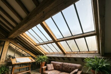 Verrière en bois style atelier intégrée dans un plafond incliné avec poutres en chêne et sol en béton brut dans un salon contemporain