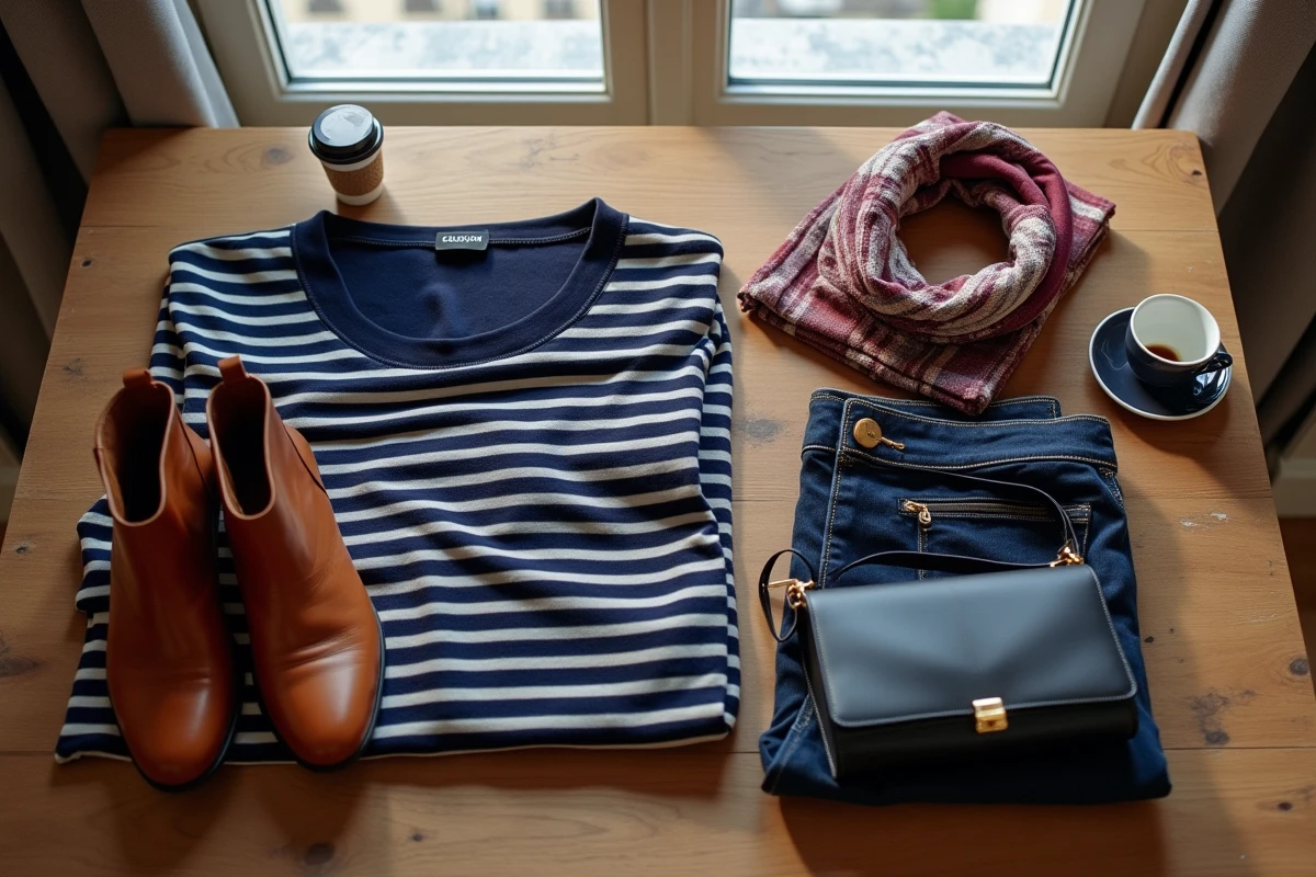 Flat lay des essentiels du vestiaire parisien classique sur une table en bois avec marinière, foulard et accessoires en cuir