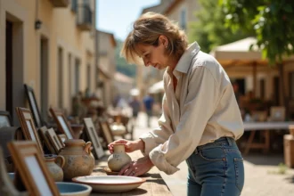 Vendeuse arrangeant des objets vintage sur une table de vide grenier dans un village du Tarn-et-Garonne
