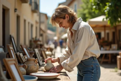 Vendeuse arrangeant des objets vintage sur une table de vide grenier dans un village du Tarn-et-Garonne
