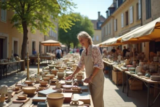 Vide grenier en plein air dans un village du Lot-et-Garonne avec des tables couvertes d'objets vintage et une vendeuse souriante