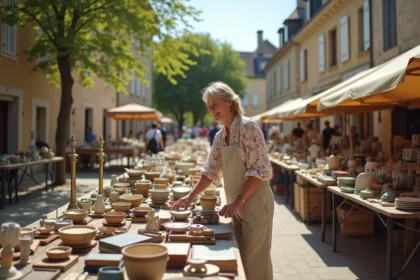 Vide grenier en plein air dans un village du Lot-et-Garonne avec des tables couvertes d'objets vintage et une vendeuse souriante