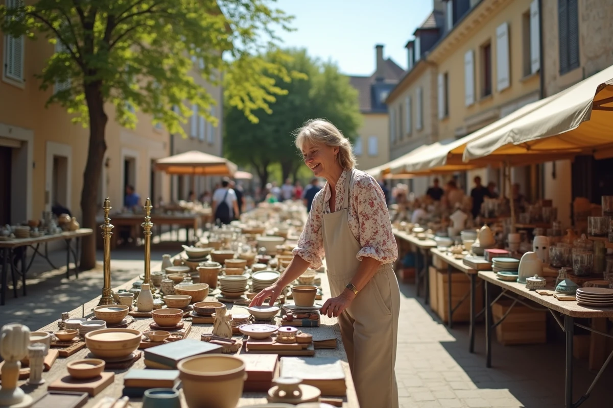 Vide grenier en plein air dans un village du Lot-et-Garonne avec des tables couvertes d'objets vintage et une vendeuse souriante