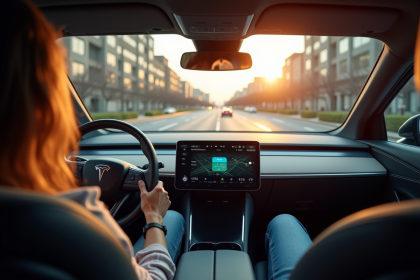 Voiture électrique autonome en ville avec conducteur lisant une tablette