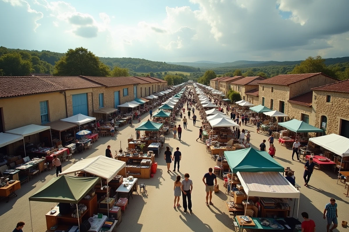Vue d'ensemble d'un vide grenier animé dans une ville du Lot-et-Garonne avec rangées de stands et visiteurs
